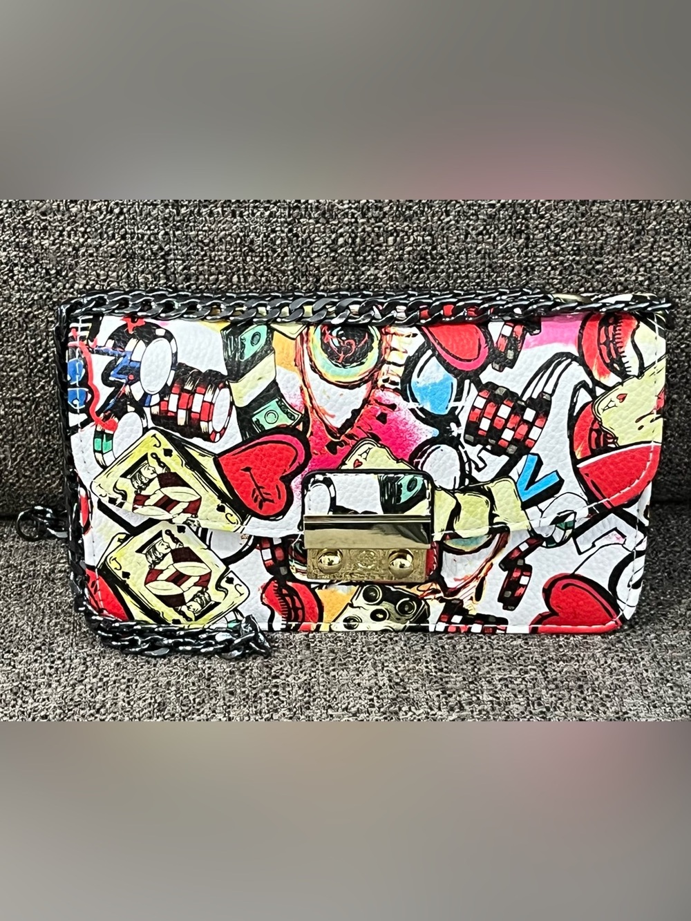Graffiti Mini Crossbody Bag with Heart playing card motif - White Multi